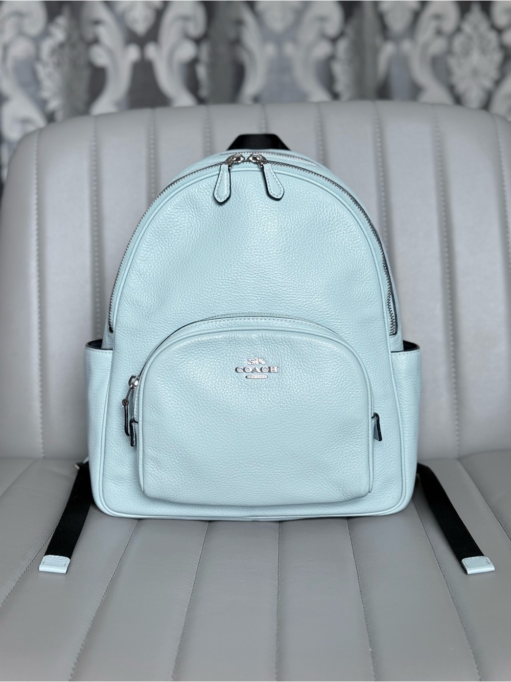 COACH NWOT Pebbled Leather Court Full Size Backpack in Powder Blue
